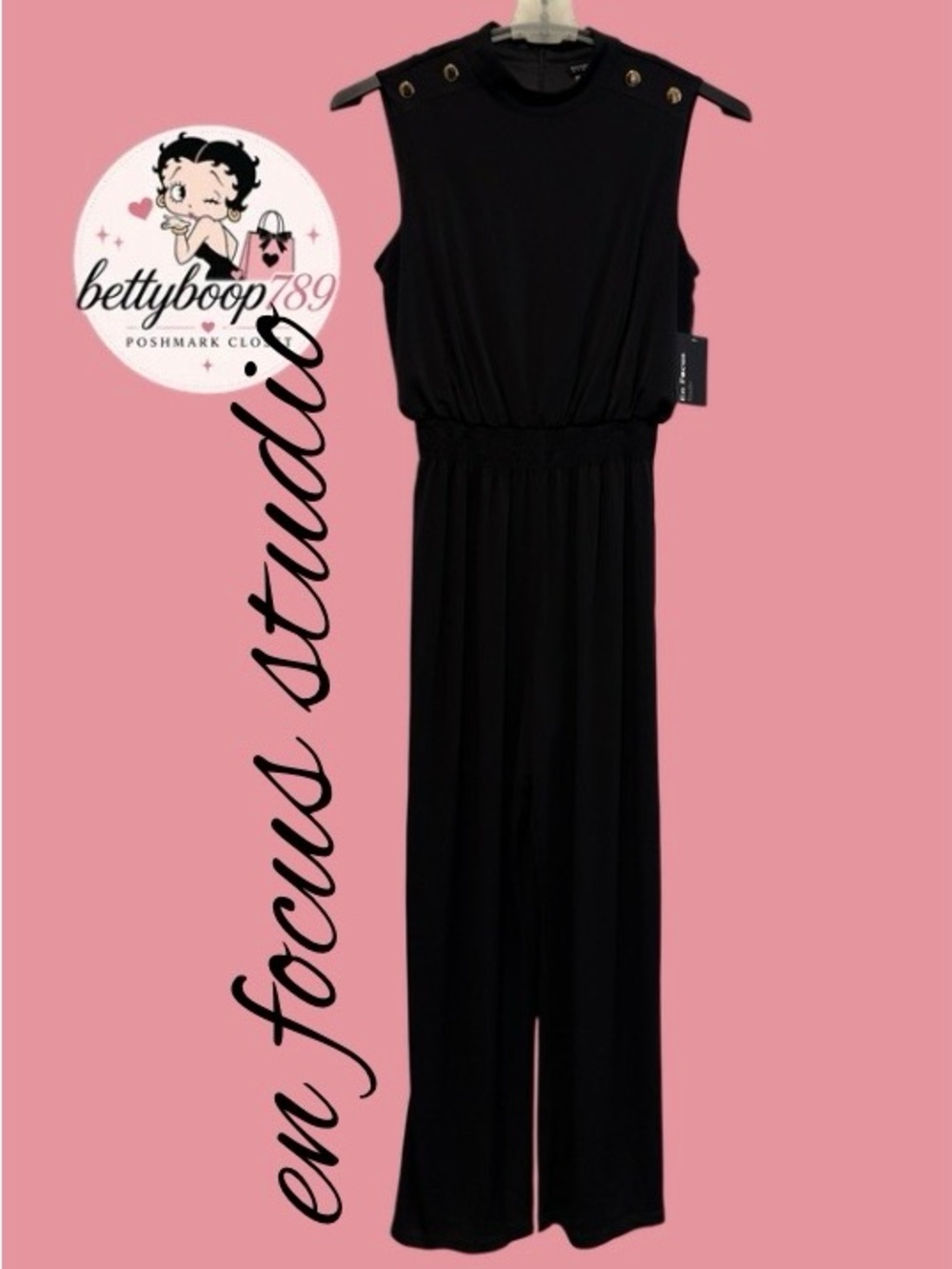 NWT Sleeveless Black Jumpsuit with Gold Button Detail